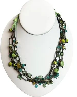 Multi strand green multi shaded statement necklace clover green chuncky necklace thumbnail 1