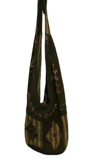 Green floral boho fabric bag thumbnail 1