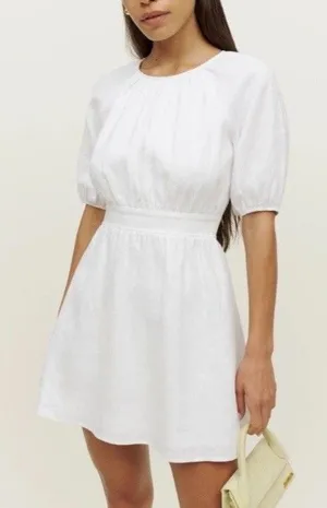 Reformation Irwin Dress Womens 2 White Linen Lined Open Back Mini Party thumbnail 1