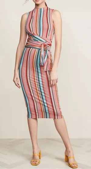 Alice & Olivia Delora colorful vertical striped wrap tie waist midi dress size 2 thumbnail 1