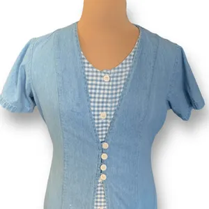 Vintage‎ 90s Chambray Gingham Plaid Midi Dress Button Front Cottagecore Medium Blue Size 10 thumbnail 2