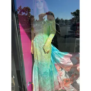 Ombre‎ Lace Mermaid Gown Off Shoulder Beaded Long Sleeve Train Pastel Rainbow thumbnail 3