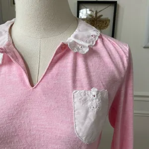 Vintage 70s Pink Top White Eyelet Lace Peter Pan Collar XS thumbnail 3