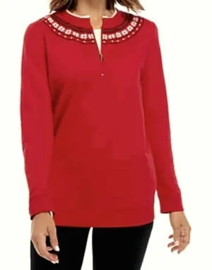 Kim Rogers‎ Women's Size Small Sweatshirt Red Fair Isle Quarter Zip Holiday thumbnail 1