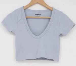 Garage Light Blue Ribbed Deep V-Neck Crop Top Short Sleeve Tee PS thumbnail 1