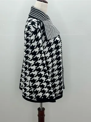 SIONI Black White Houndstooth Knit Wool Blend Cardigan Sweater Jacket Medium thumbnail 6