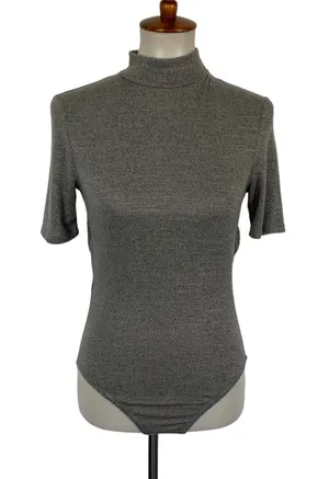 Trendy Mock Neck Open Back Grey Bodysuit Cutout Stretch Top Medium Y2K Aesthetic thumbnail 1