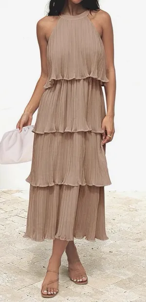 Zesica Sleeveless Halter Neck Chiffon, Ruffled, Tiered Midi Dress Women’s L thumbnail 1