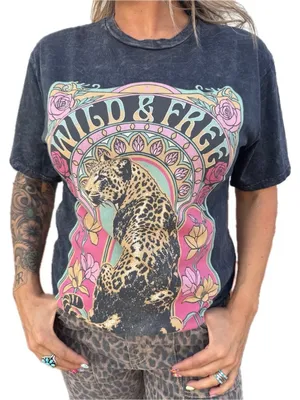 Wild & Free Graphic Boyfriend Tee Size Medium Mineral Wash Leopard Relaxed Fit thumbnail 1