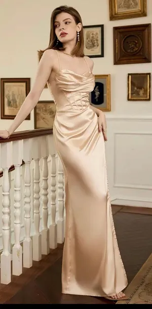 Nude silk shiny spaghetti gown dress growl slit high dress evening small nwot thumbnail 3