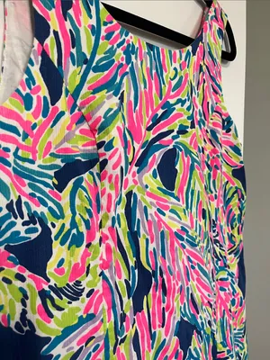 Lilly Pulitzer Cathy Shift Dress (Sz 10) Indigo Palm Reader Cotton Mini Hot Pink thumbnail 5