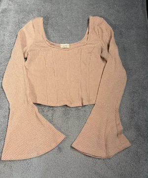 Altar’d state Ribbed Scoop Neck Bell Sleeve Top - Blush Pink medium cropped thumbnail 1