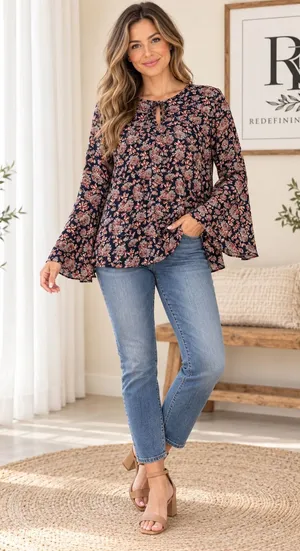 Entro Navy Floral Bell Sleeve Blouse T6247 Navy Rust Boho Keyhole Top Medium thumbnail 1
