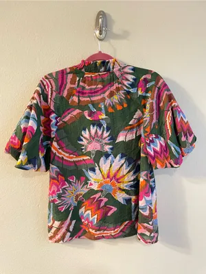 THML Green Floral Ruffle Neck Puff Sleeves Popover Top Size XS thumbnail 4