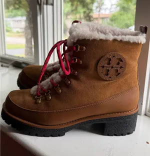 Tory Burch Shearling-Lined Brown Suede Hiking Boots with Red Laces Sz 8.5 thumbnail 1