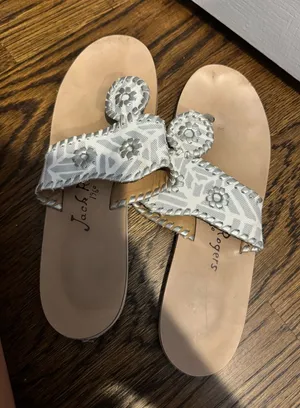 Jack Rogers White and Silver Patterned Leather Slide Sandals thumbnail 1