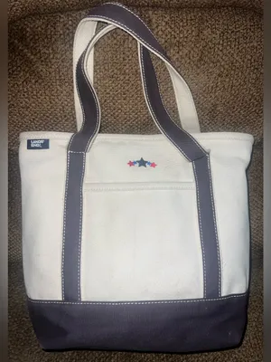 Lands' End Navy Cream Canvas Tote Bag with Embroidered Stars USA thumbnail 1