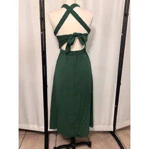 Womens Smocked Green Midi Dress Cottage Sundress Pockets Backless Straps Stretch thumbnail 9