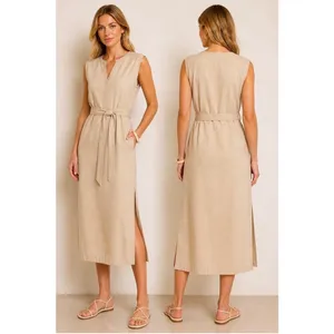 Mon Renn Beige Sleeveless Belted‎ Midi Dress Utility Sand Size XS MRS124004 thumbnail 9