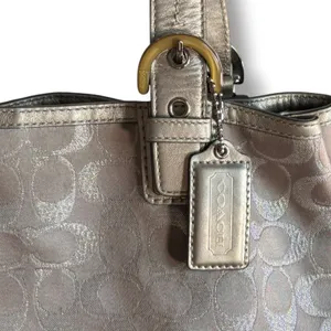 COACH SoHo Signature C Metallic Silver Jacquard Leather Trim Tote Shoulder Bag thumbnail 2