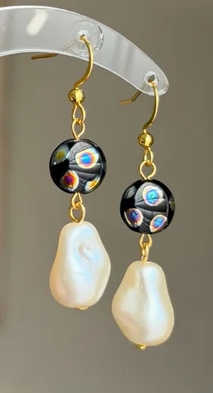 Handmade boho unique funky quality Czech glass beads & pearl dangle earrings🖤 thumbnail 1