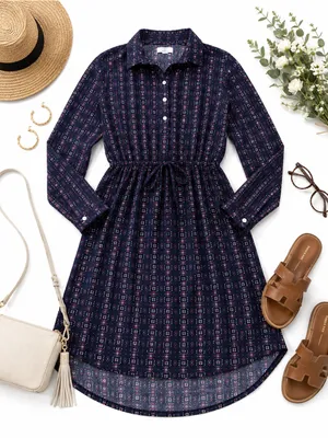 Abercrombie & Fitch Navy Floral Boho Shirt Dress Drawstring Waist Women’s Small thumbnail 12