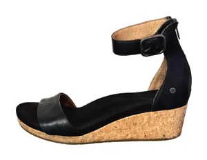 UGG Black Leather Wedge Sandals Womens 8.5 Zoe II Cork Ankle Strap 1102674 thumbnail 1