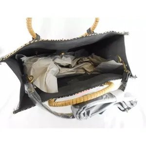 Wet Seal Geometric Woven Tote Bag Straw Black Tan Round Handle thumbnail 7