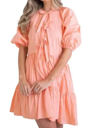 Karlie Bow Poplin Dress Womens M Orange Puff Sleeves Tiered Pockets Cottagecore thumbnail 1