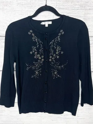 Spense Black Cardigan with Metallic Beaded Floral Embellishment Size Medium thumbnail 10