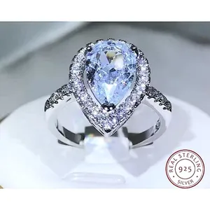 3ct Pear Halo‎ Ring | Rhodium Plated 925 Sterling Silver thumbnail 3