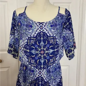 Bisou Bisou Michele Bohbot Blue Print Dress Cold Shoulder Blouson Mini dress thumbnail 2