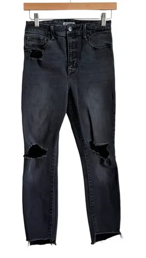 Good American Good Waist Crop Raw Step Jeans Black Distressed Size 27 thumbnail 1