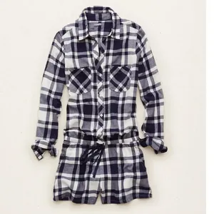 Aerie Women's White Blue Flannel Plaid Long Sleeve Drawstring Romper thumbnail 2
