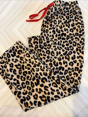 Nordstrom Leopard Print Fuzzy Lounge Pants Red Drawstring Soft Pajama Size M thumbnail 1