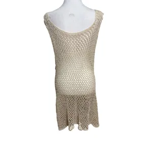 Crochet Floral Swim Cover Up Dress Beige Pink Stretch Boho Beach Festival OSFM‎ thumbnail 4