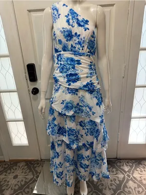 Selfie Leslie One-Shoulder Yellow Dress with Blue Floral Print Size Medium A1 thumbnail 3