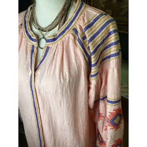 Velzera Peach Pink‎ Cotton Gauze Embroidered Peasant Blouse Top Large L thumbnail 2