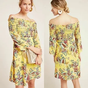 Farm‎ Rio Dress Bria Smocked Mini Floral Off-Shoulder Yellow Multi XS EUC thumbnail 2