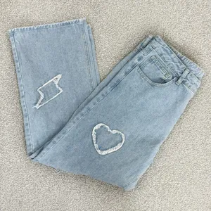 Q&J Jeans Patchwork Hearts Wide Leg High Rise‎ Jeans Large Boho Streetwear thumbnail 12