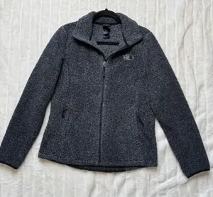 The North Face Womens Full Zip Textured Fleece Jacket Charcoal Grey Black Medium thumbnail 1