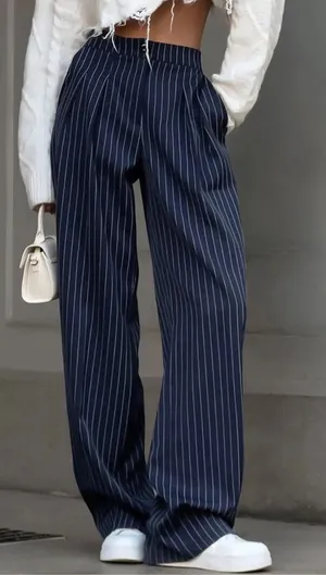 ✨Commense Pinstripe Pleated Wide-Leg Navy Sz XS Pants✨ thumbnail 1