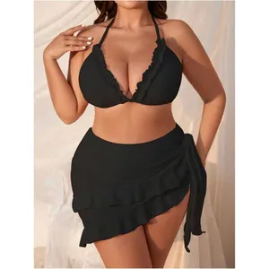 Boutique Black 3 Piece Plus Size 1XL Lettuce Trim Bikini Halter Triangle Swimsuit w/ Wrap thumbnail 3