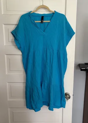 Vibrant Turquoise V-Neck Tunic Gauze Beach Dress thumbnail 1
