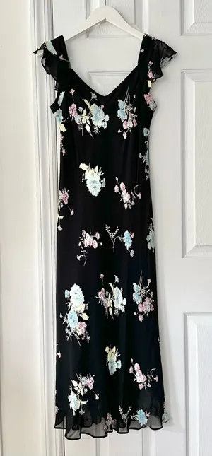 Evan Picone Black Floral 90s V Neck Flutter Sleeve Midi Sun Dress 10P Lined thumbnail 1