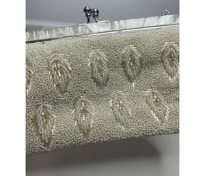 Handmade Vintage Ivory white All Beaded Top Handle Bag With Mother Of Pearl Detailing thumbnail 4