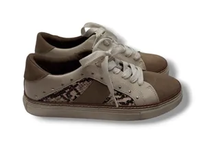 Crown Vintage Sneakers 8 Beige Mixed Media‎ Studded Snakeskin Lace Up Low Top thumbnail 1