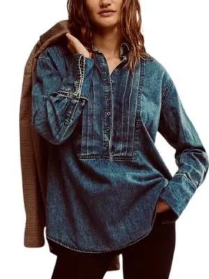Free People $148 NWT We The Free Blue Denim Button-Up Collared Long Sleeve Top M thumbnail 1