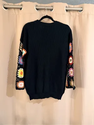 SHEIN Black Crewneck Sweater with Multicolor Crochet Flower Sleeves thumbnail 3