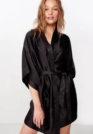 NWT ThirdLove short black silky tie robe, size OS thumbnail 1